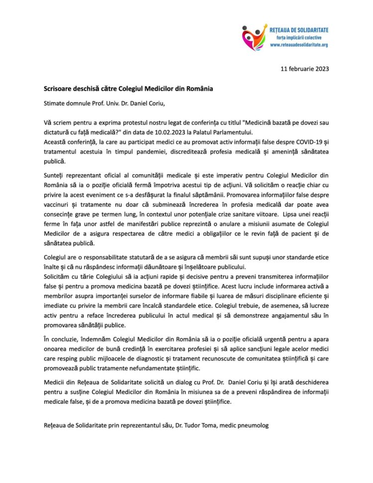 Scrisoare deschisă adresată Colegiului Medicilor din România