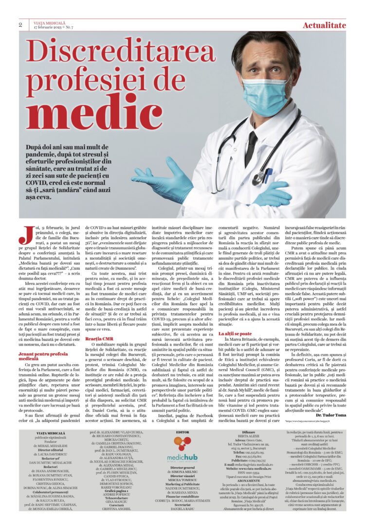 Discreditarea profesiei de medic. de Dr. Tudor Toma, Viața Medicală, 17 februarie 2023